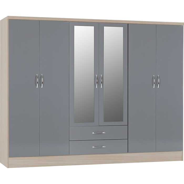 Nevada 6 Door 2 Drawer Wardrobe In Grey Gloss & Light Oak Effect - Click Image to Close